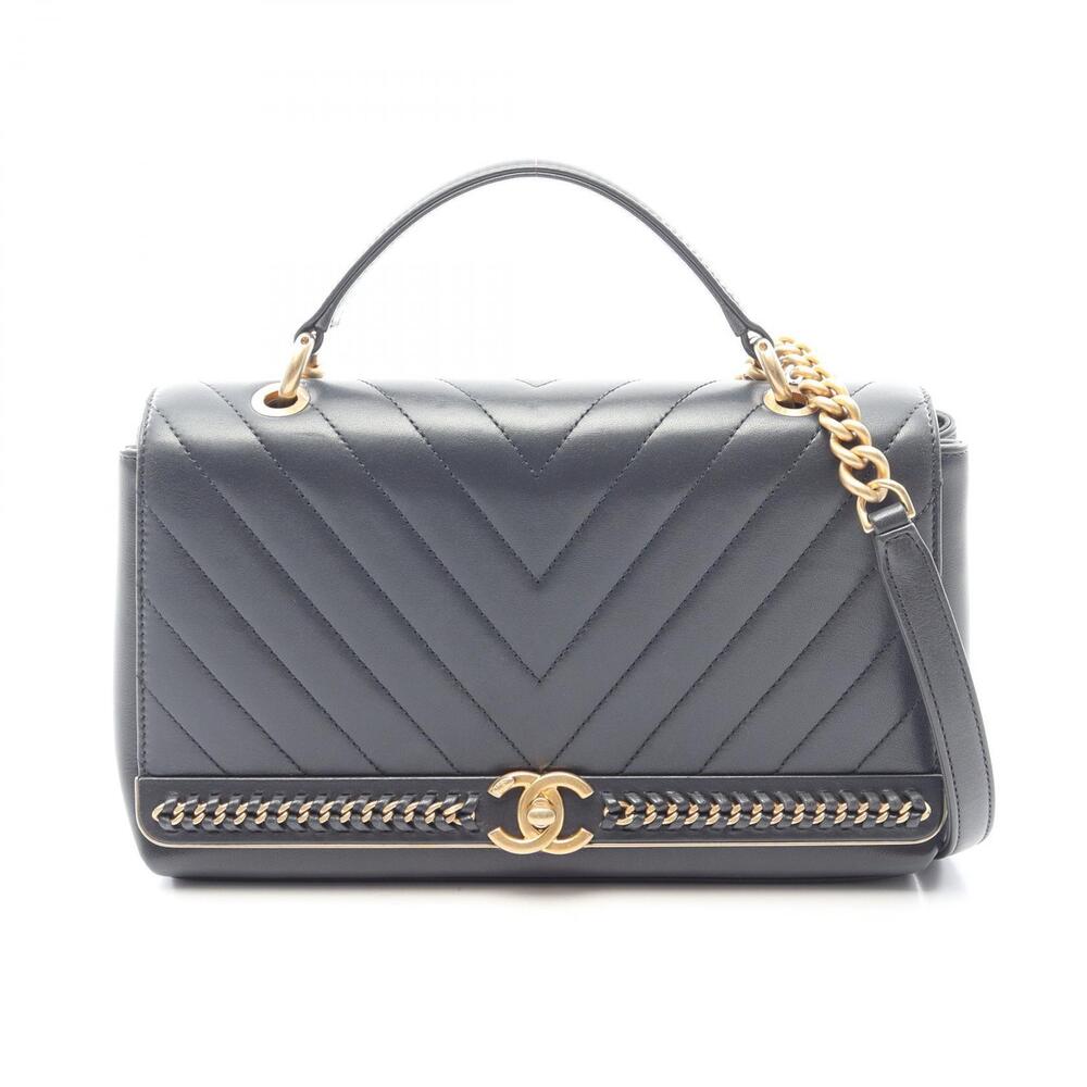 Chanel Top Handle V Stitch Shoulder Bag Lambskin Sheepskin Navy Blue